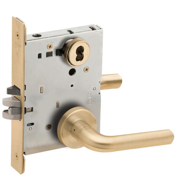 Schlage Grade 1 Entrance Office Mortise Lock, Schlage FSIC Less Core, 02 Lever, A Rose, Satin Brass Finish, L9050J 02A 606 - main